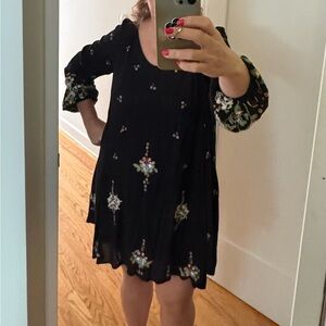 Free People Black Embroidery-Embellished Long Sleeve Dress